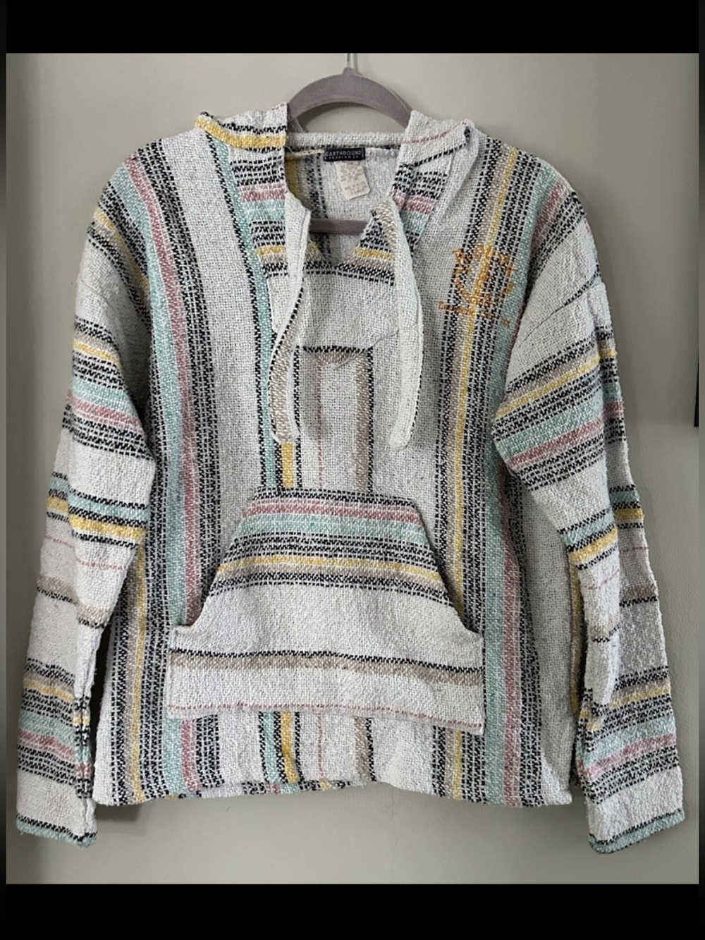 EARTHBOUND Cream Baja-Style Hoodie Sweater with Pastel Stripes Women’s Small